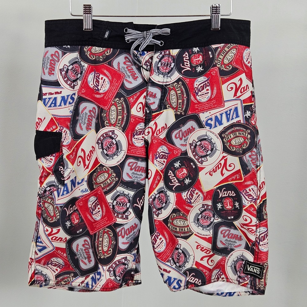 Vans Retro Beer Label Board Shorts Mens 30 (32) All Over Print Swim Trunks